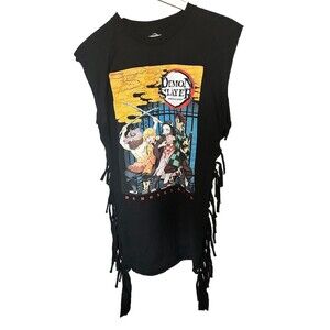 Demon Slayer Kimetsu No Yaiba Girl's Black XL (46/48) T-Shirt with Fringe-015